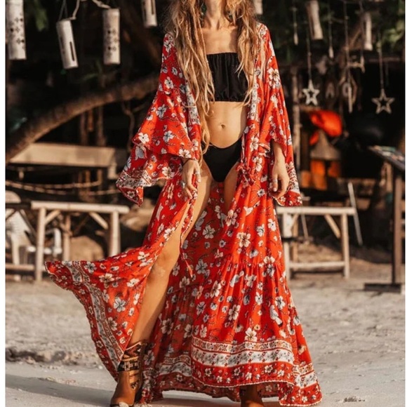 Vintage Floral Print Wrap Dress Kimono Robe Duster Cardigan - Picture 6 of 8